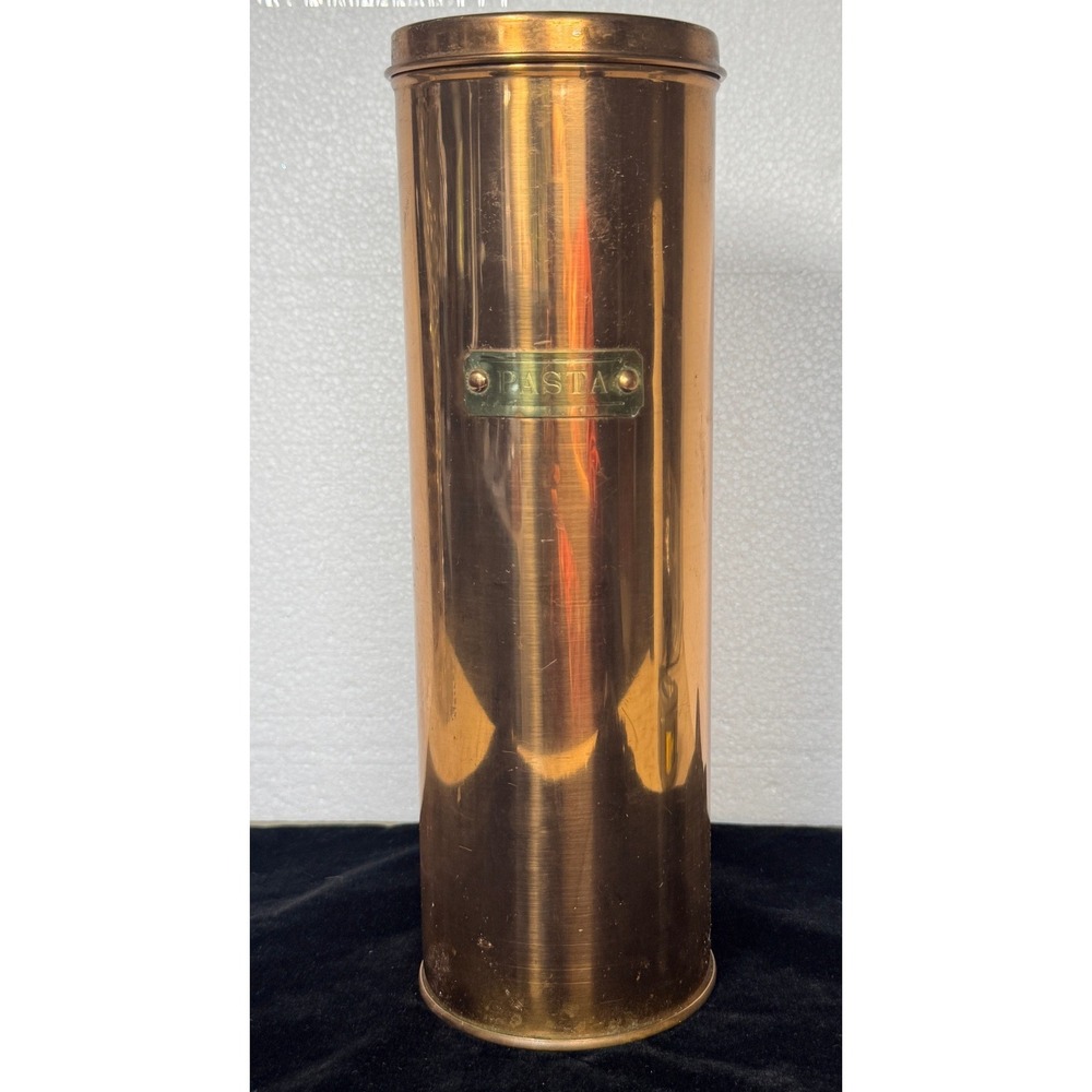 Vintage Solid Copper Pasta Canister Tall Cylinder Storage Jar Korea Brass Label